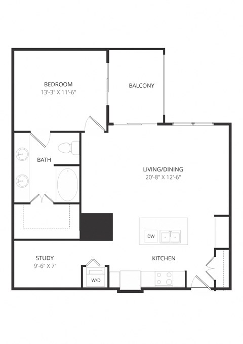 Floor plan for 1 bed, 1 bath, 905 sqft